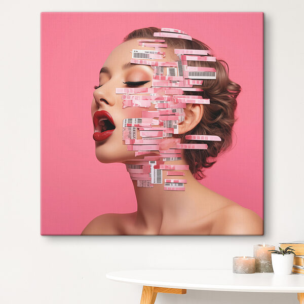 Woman with red lipstick and red lips with paper strips on her face Woman with red lipstick and red lips with paper strips on her face