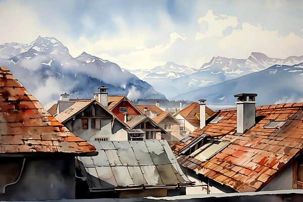 Group of houses with roofs and mountains in the background Group of houses with roofs and mountains in the background