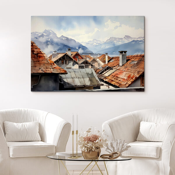 Quadri Quadri Gruppo di case con tetti e montagne sullo sfondo (COD: s40107)