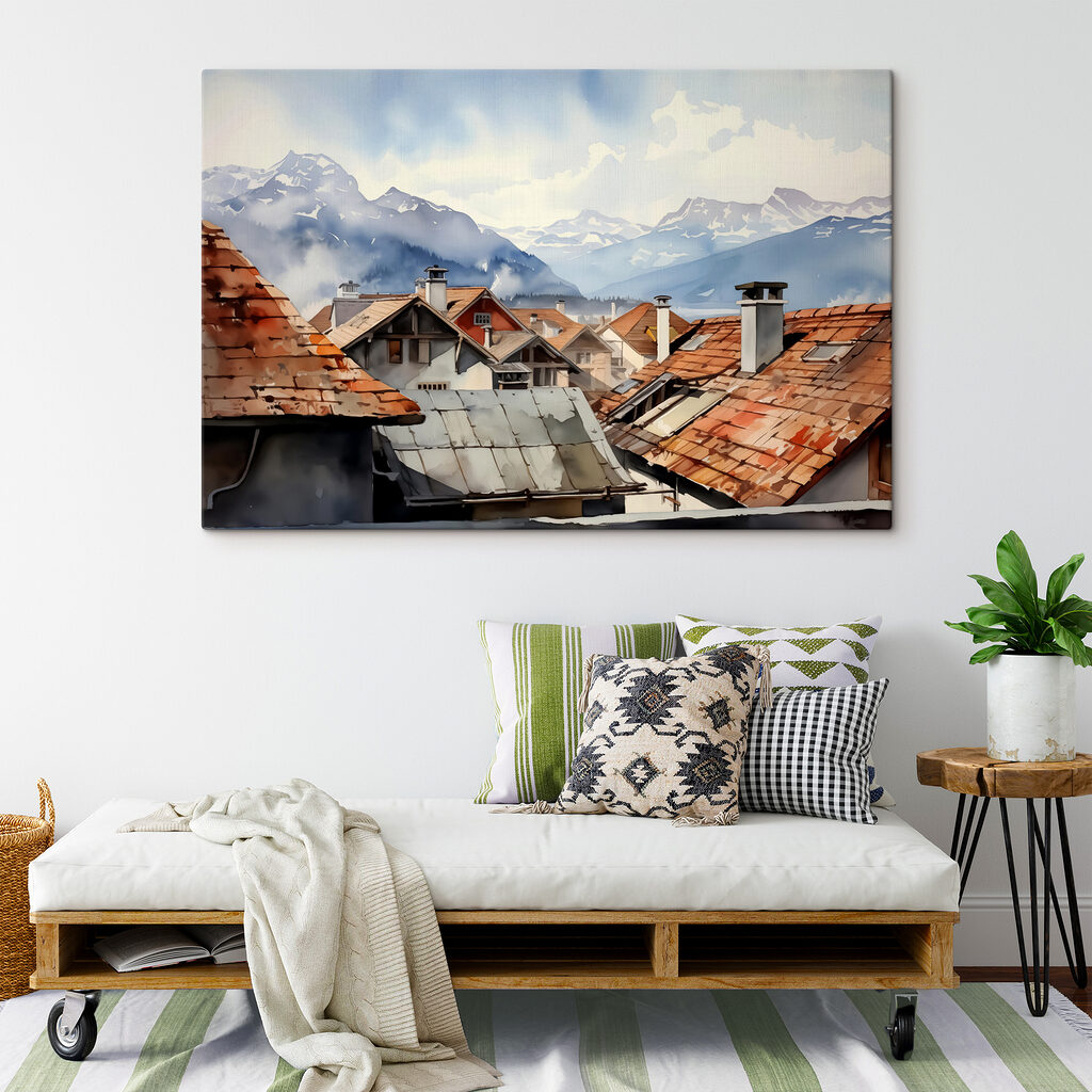 Group of houses with roofs and mountains in the background Group of houses with roofs and mountains in the background