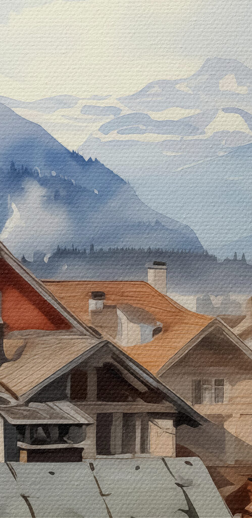 Group of houses with roofs and mountains in the background Group of houses with roofs and mountains in the background