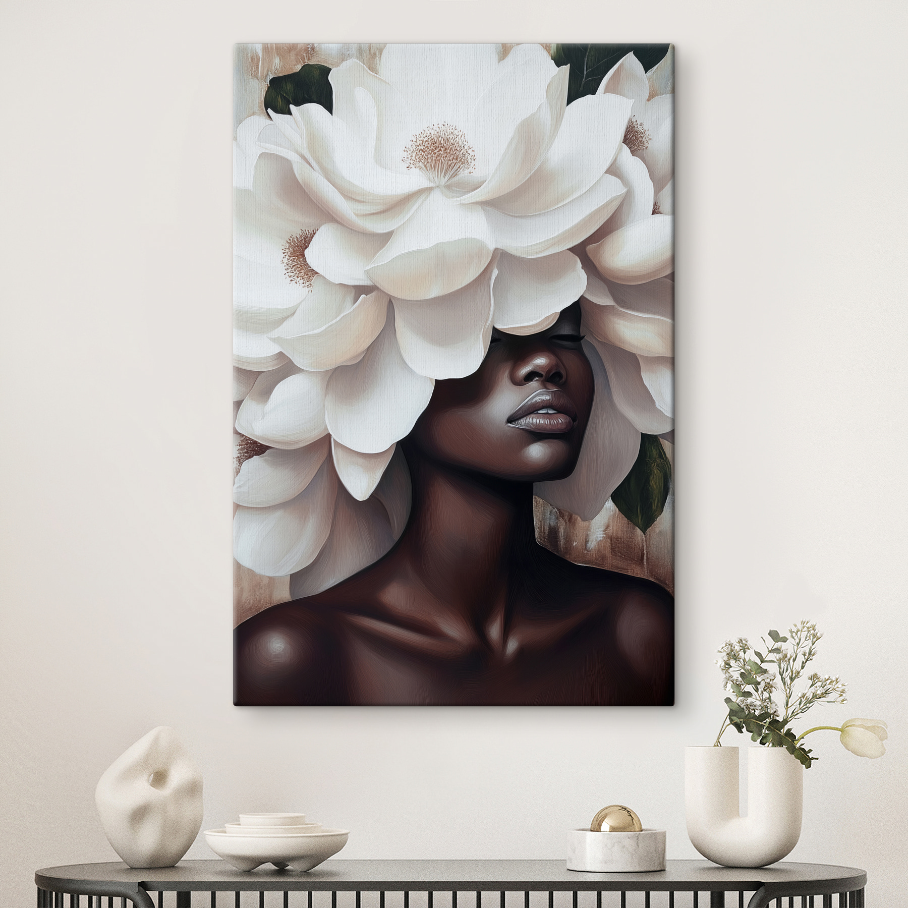 Woman with white flowers on her head Woman with white flowers on her head