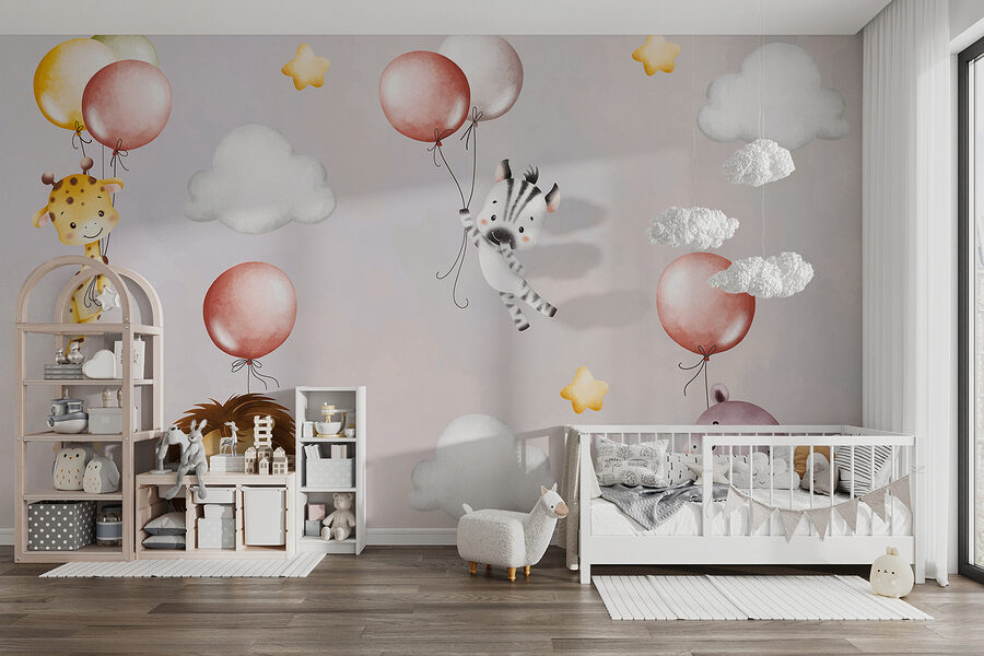 Carta da parati con animali e palloncini