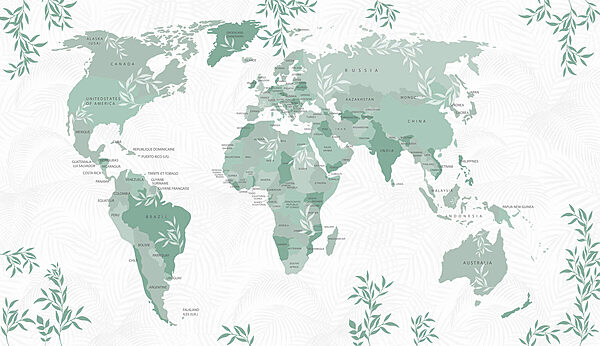 Mappa del mondo con foglie verdi Mappa del mondo con foglie verdi