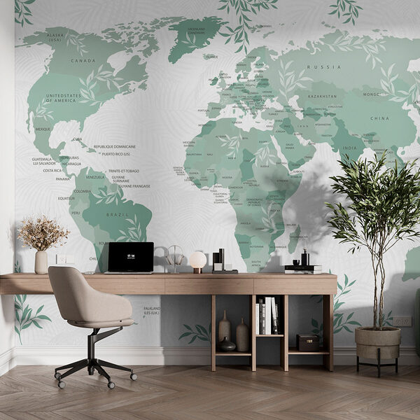 Mappa del mondo con foglie verdi Mappa del mondo con foglie verdi