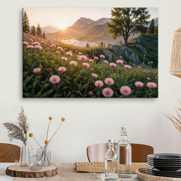 Quadri Quadri Campo di fiori rosa con un albero e le montagne sullo sfondo (COD: s40154)