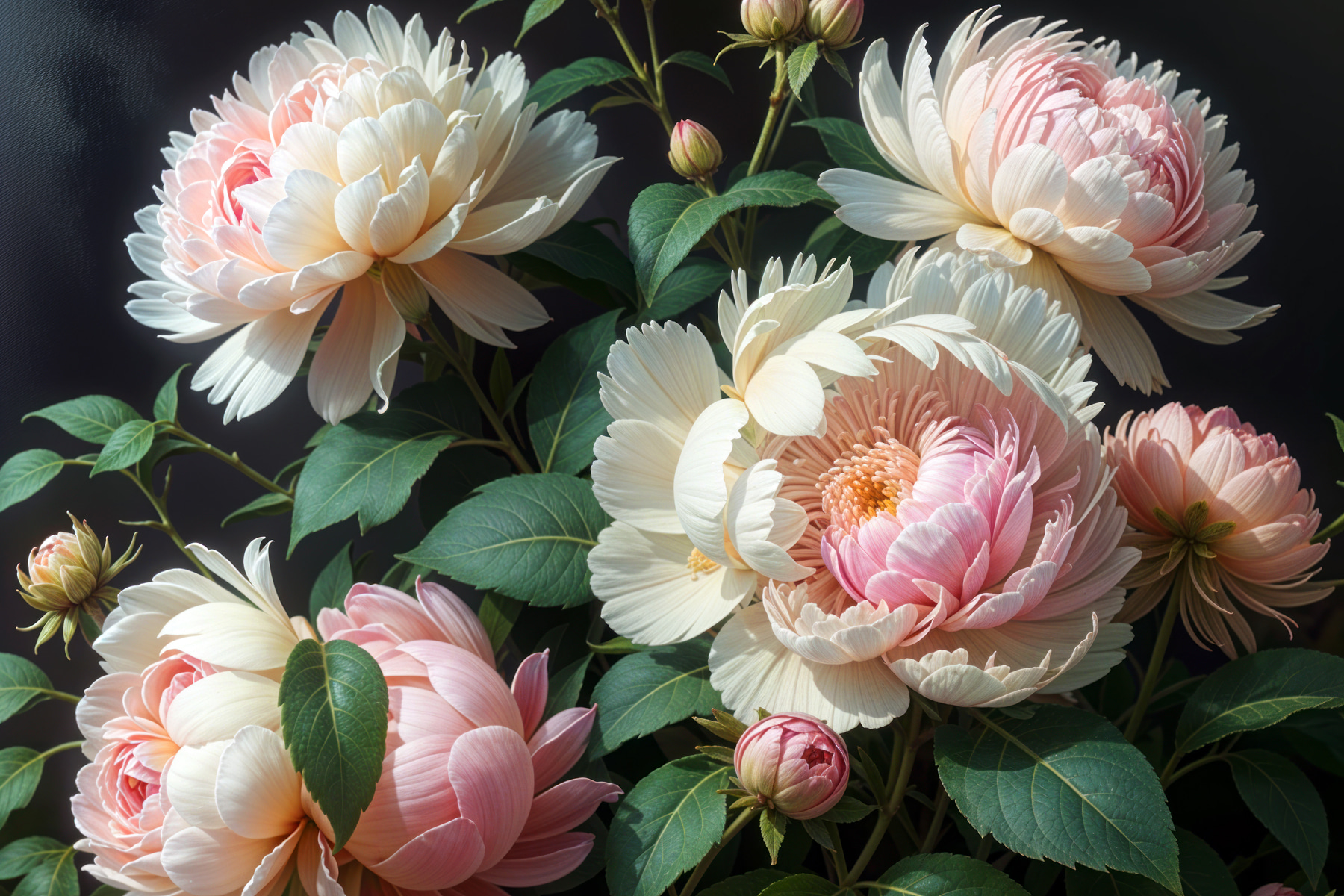 Group of flowers with green leaves