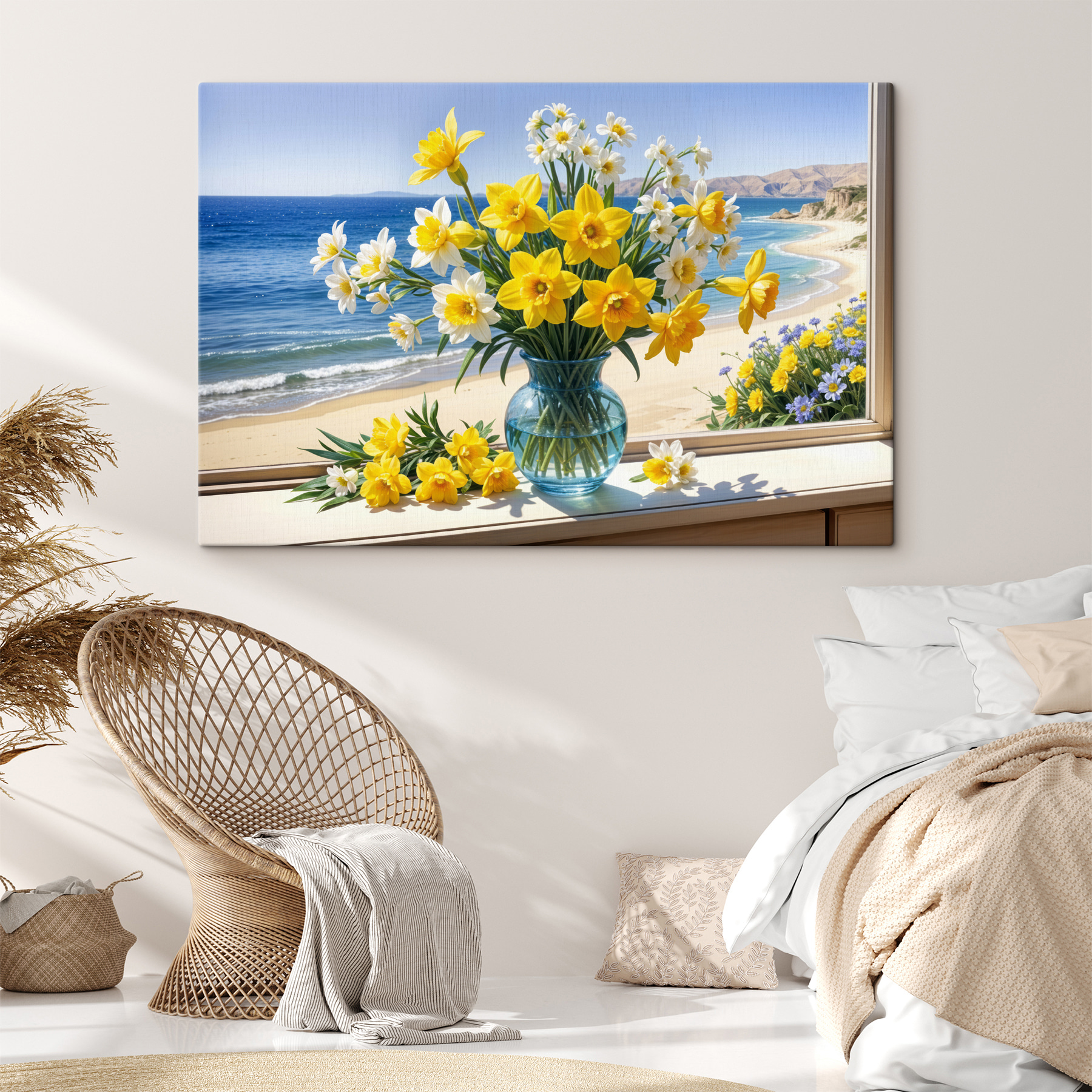 Vase of yellow and white flowers on a window sill