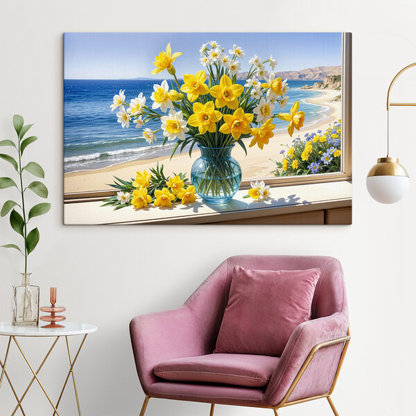 Vase of yellow and white flowers on a window sill