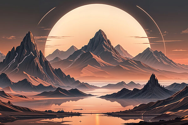 Landscape of mountains and water with a large moon
