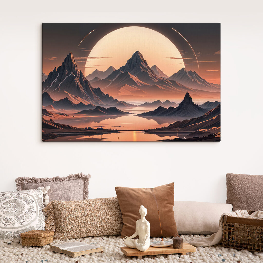 Landscape of mountains and water with a large moon