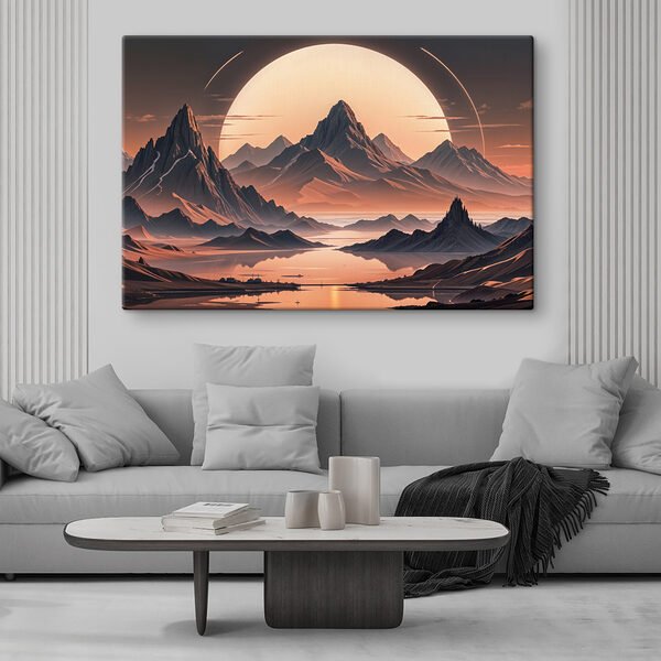 Landscape of mountains and water with a large moon