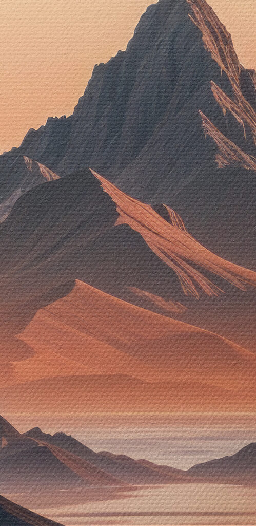 Landscape of mountains and water with a large moon