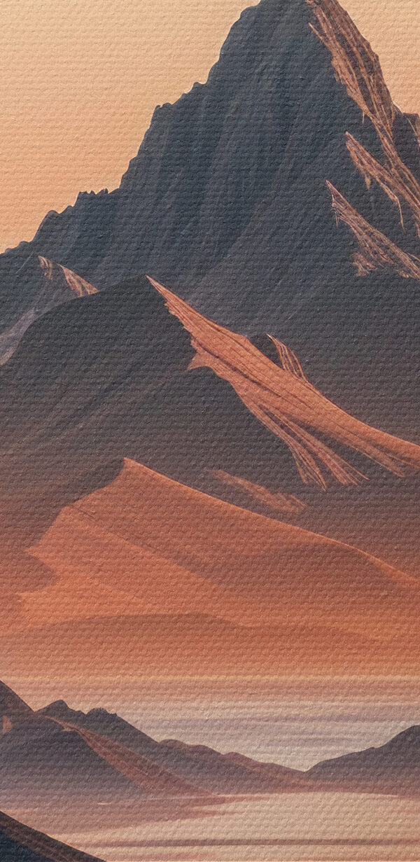 Landscape of mountains and water with a large moon