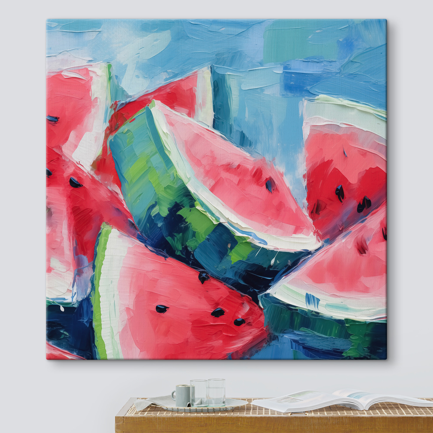 Group of watermelons on a blue surface Group of watermelons on a blue surface