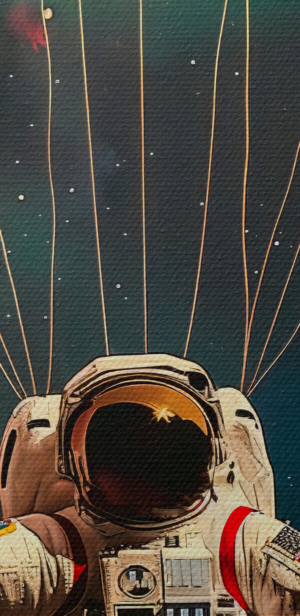 An astronaut floating in space with balloons