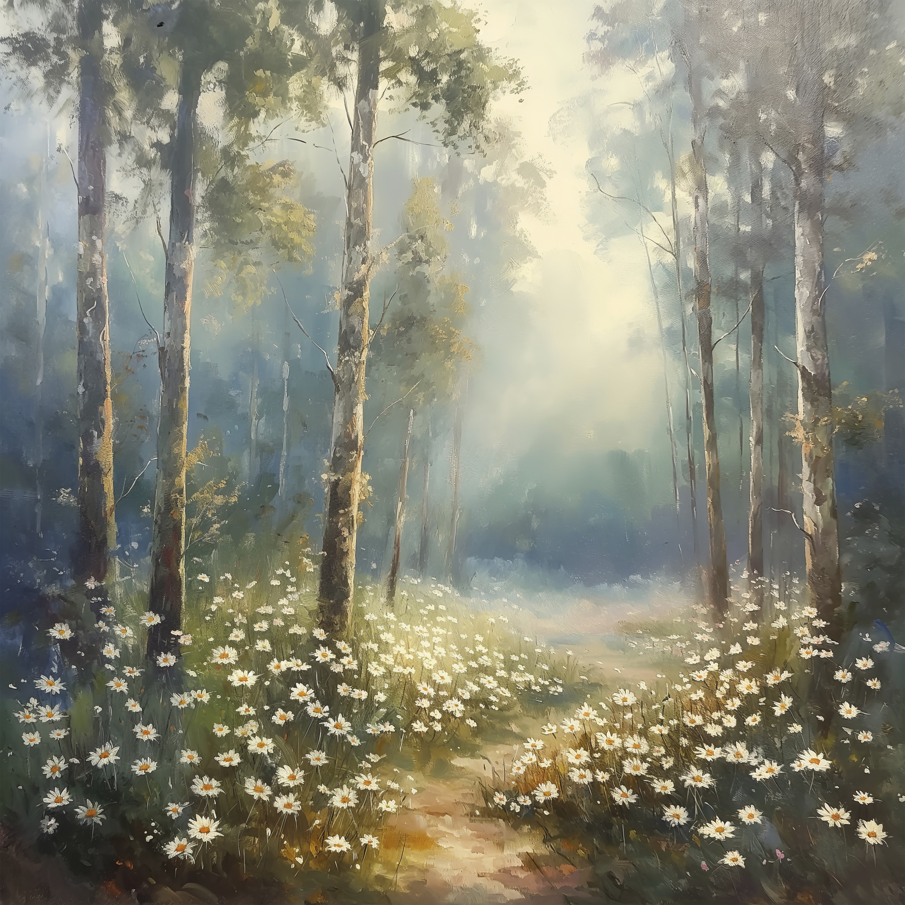 Painting of a forest with flowers and trees