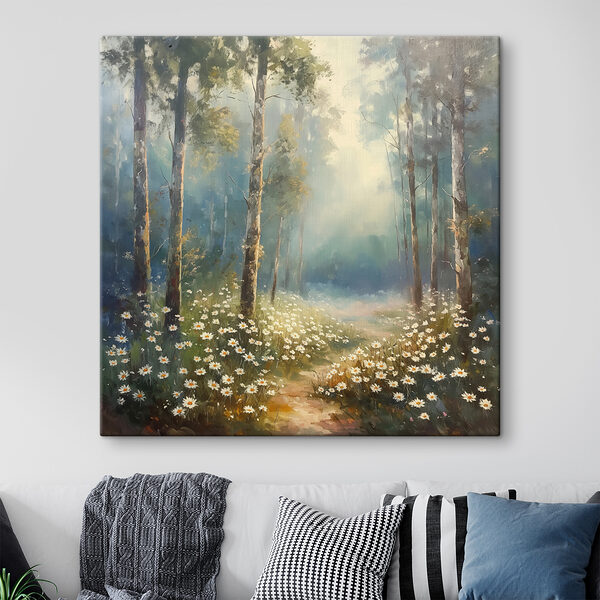 Painting of a forest with flowers and trees
