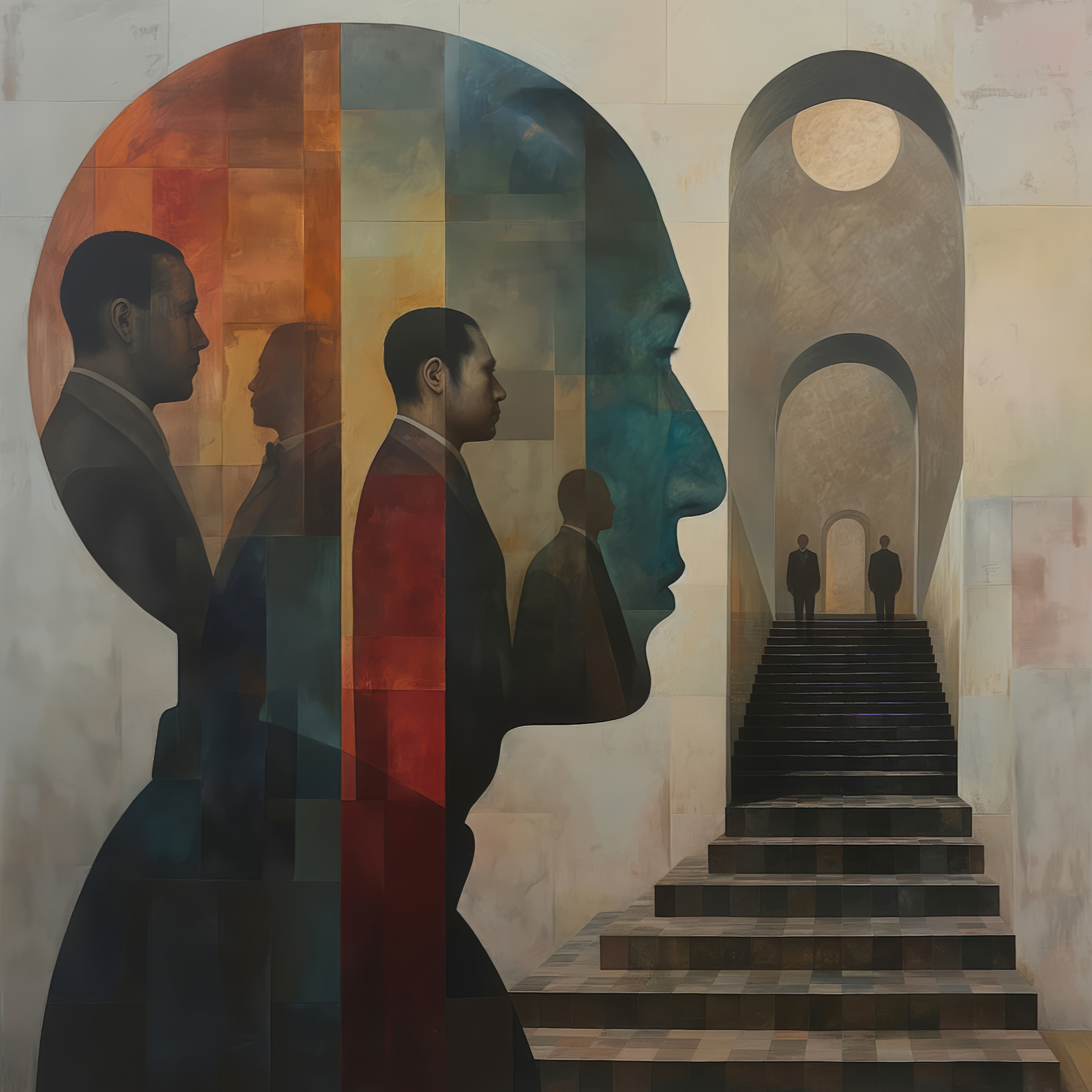 Painting of a man's face and a staircase Painting of a man's face and a staircase