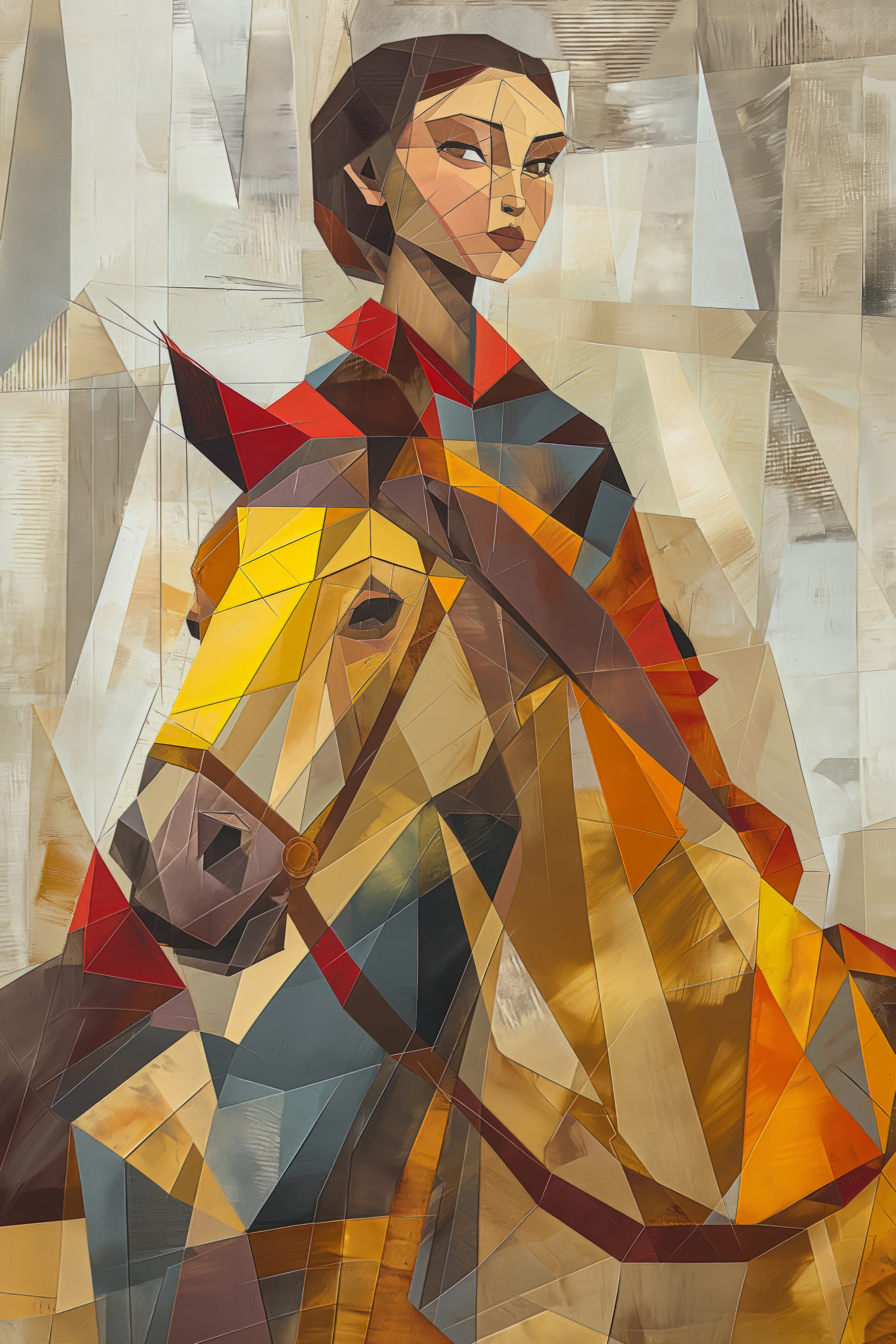 Painting of a woman riding a horse