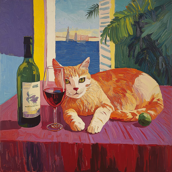 Cat lying on a table next to a wine bottle Cat lying on a table next to a wine bottle