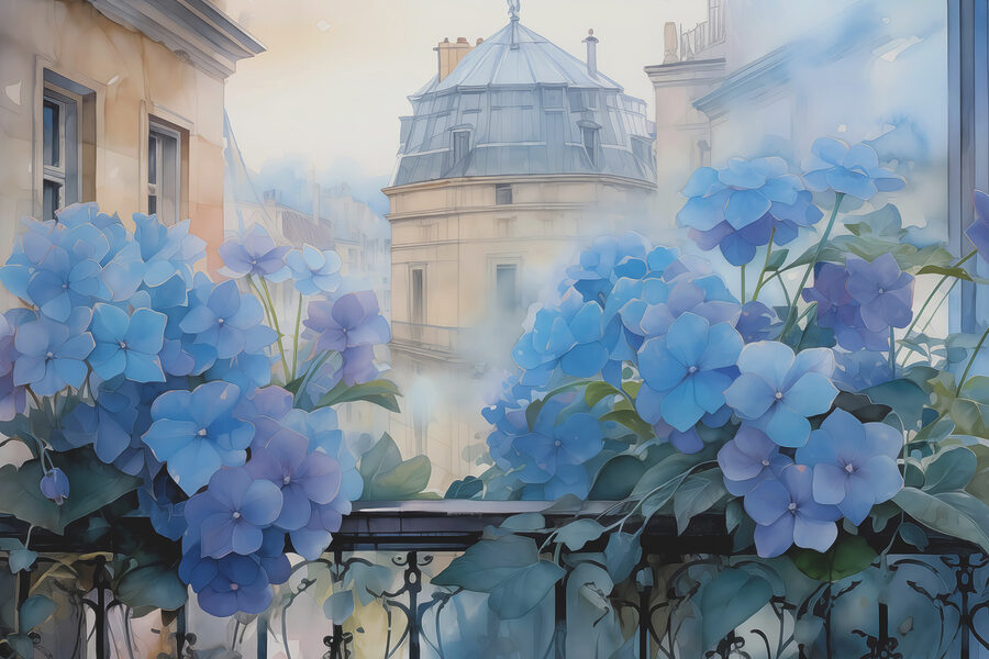 Pittura di fiori blu su un balcone