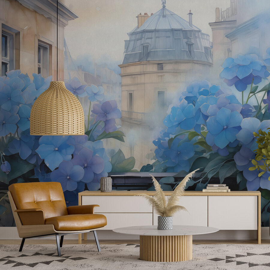 Pittura di fiori blu su un balcone