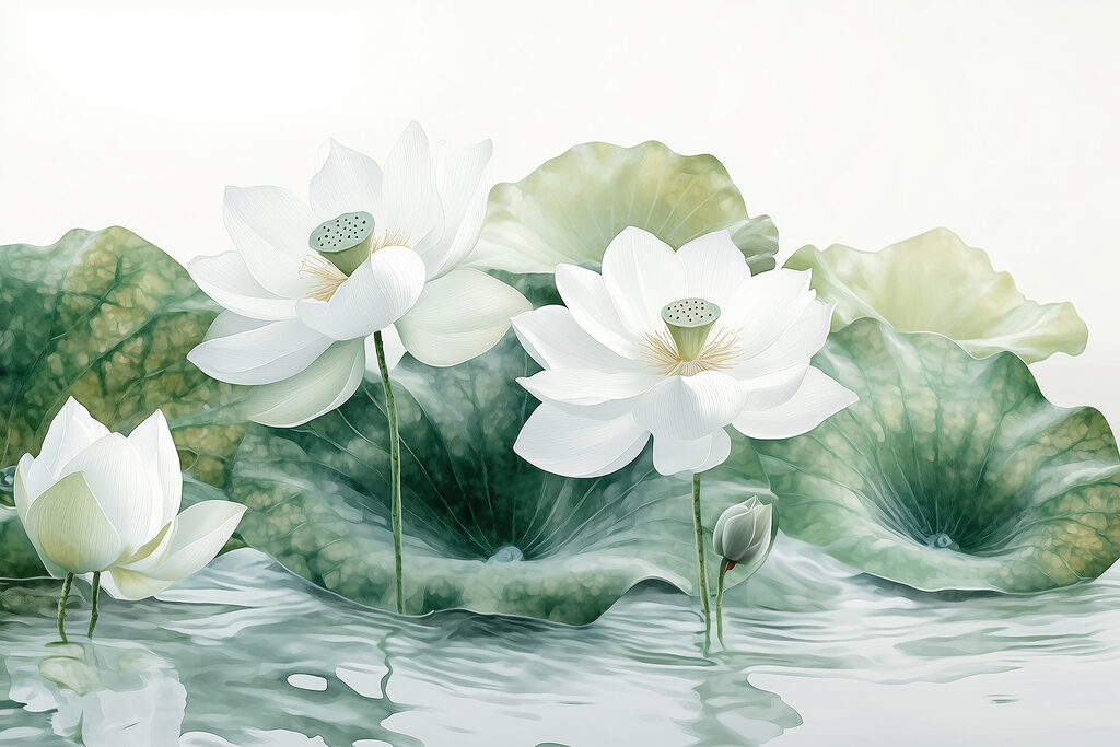 Gruppo di fiori bianchi e foglie verdi in acqua Gruppo di fiori bianchi e foglie verdi in acqua