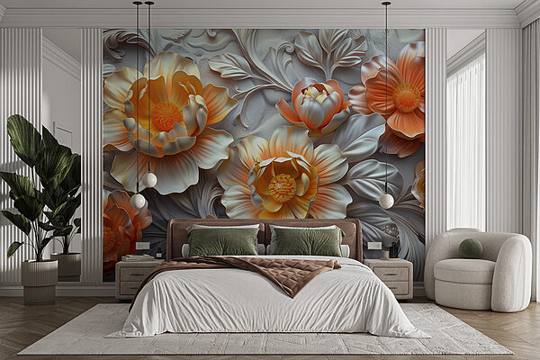 Wallpaper with flowers and leaves