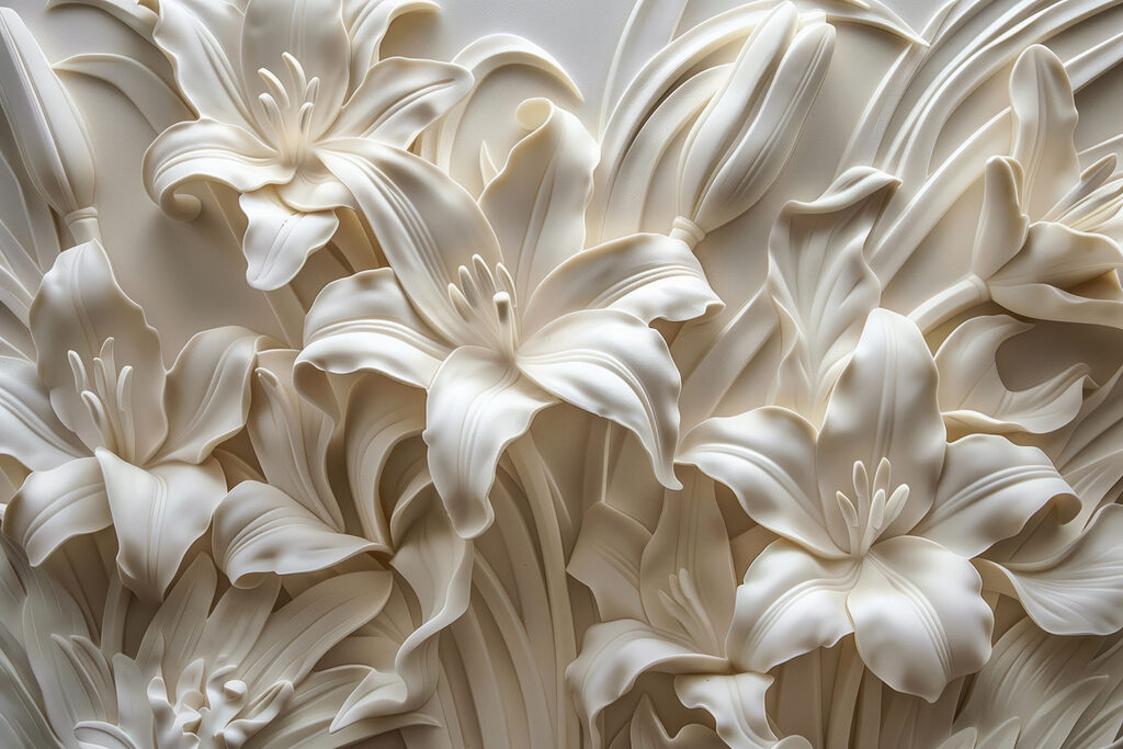 Scultura di fiori bianchi su una parete Scultura di fiori bianchi su una parete