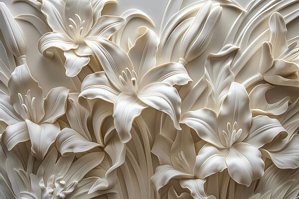 Scultura di fiori bianchi su una parete Scultura di fiori bianchi su una parete