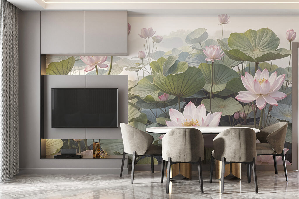 Group of pink flowers and green leaves