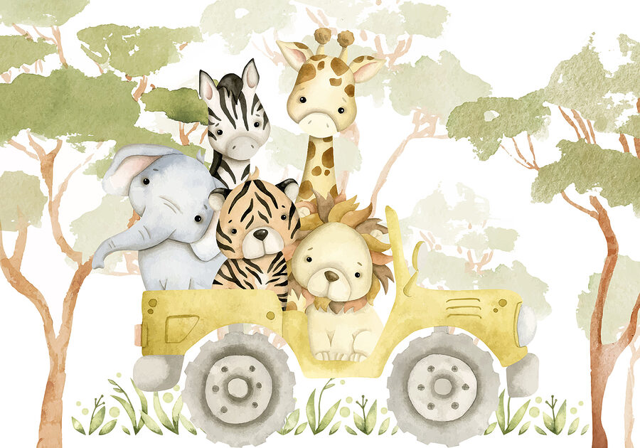 Gruppo di animali in un camion giallo