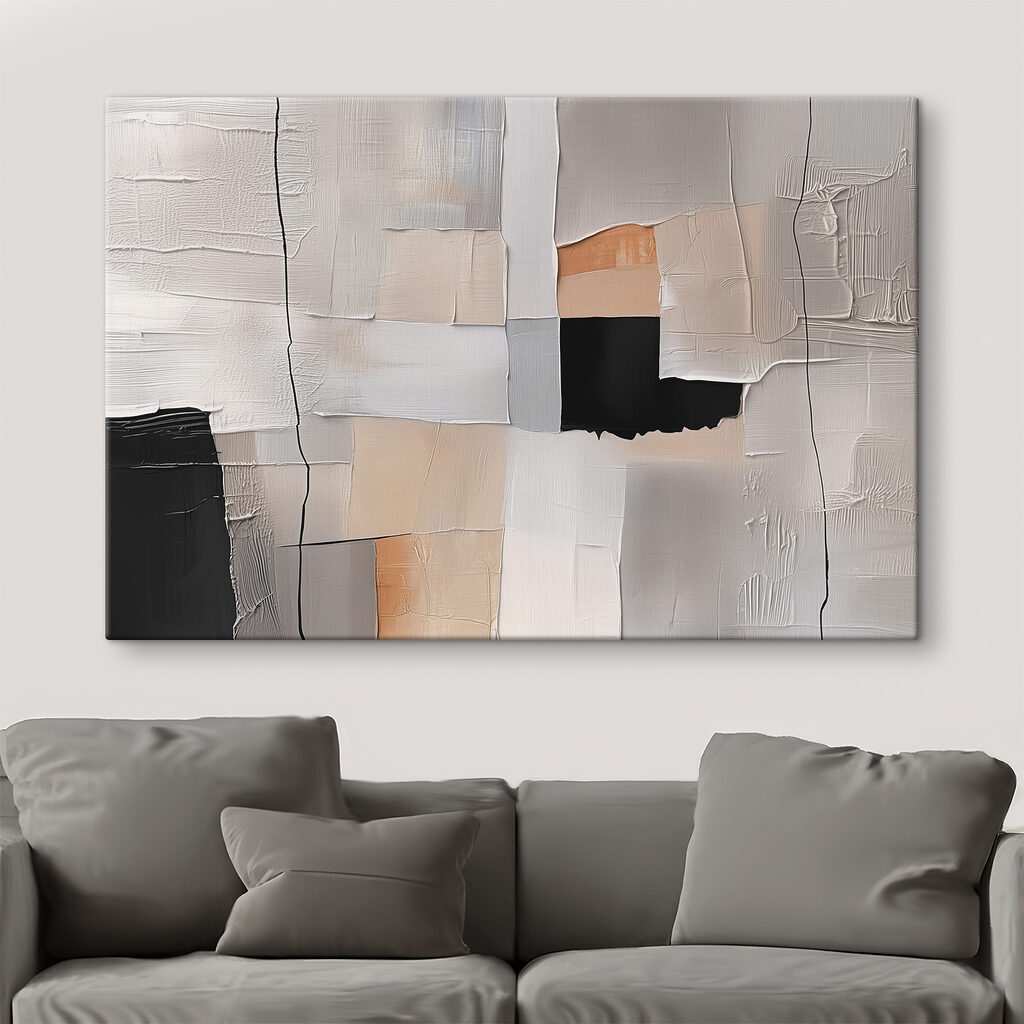 Painting of a white wall with black squares and a black square Painting of a white wall with black squares and a black square