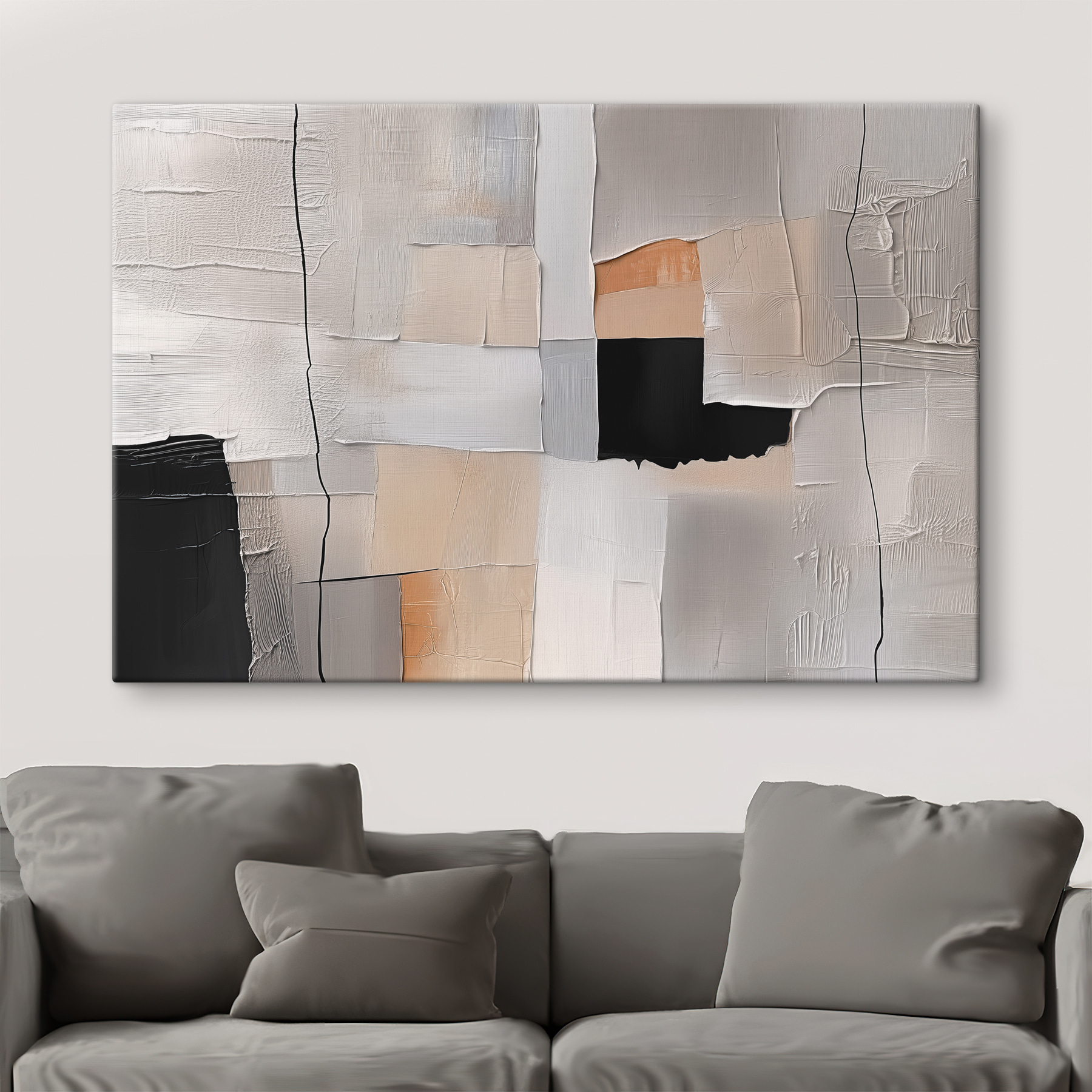 Painting of a white wall with black squares and a black square Painting of a white wall with black squares and a black square