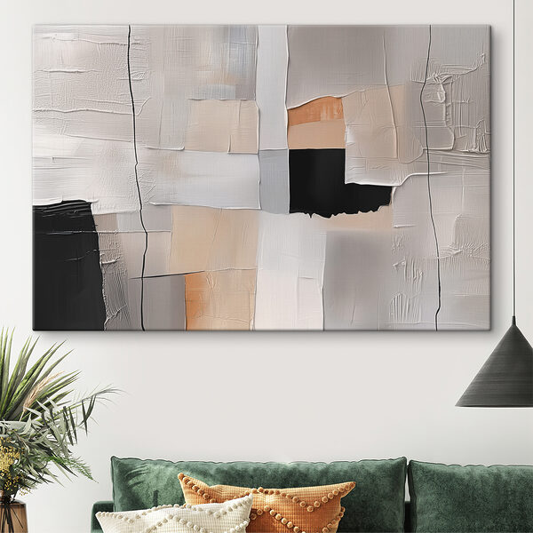 Painting of a white wall with black squares and a black square Painting of a white wall with black squares and a black square