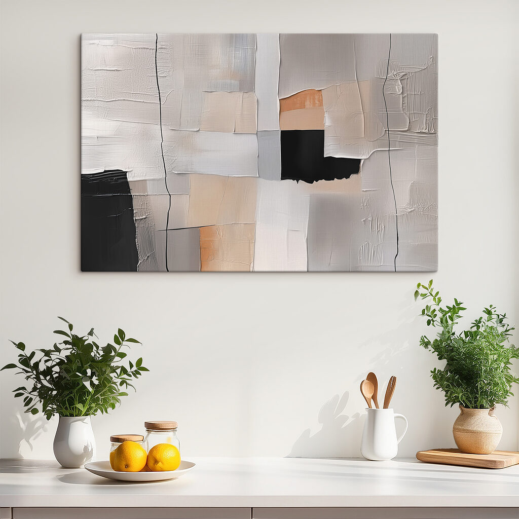 Painting of a white wall with black squares and a black square Painting of a white wall with black squares and a black square