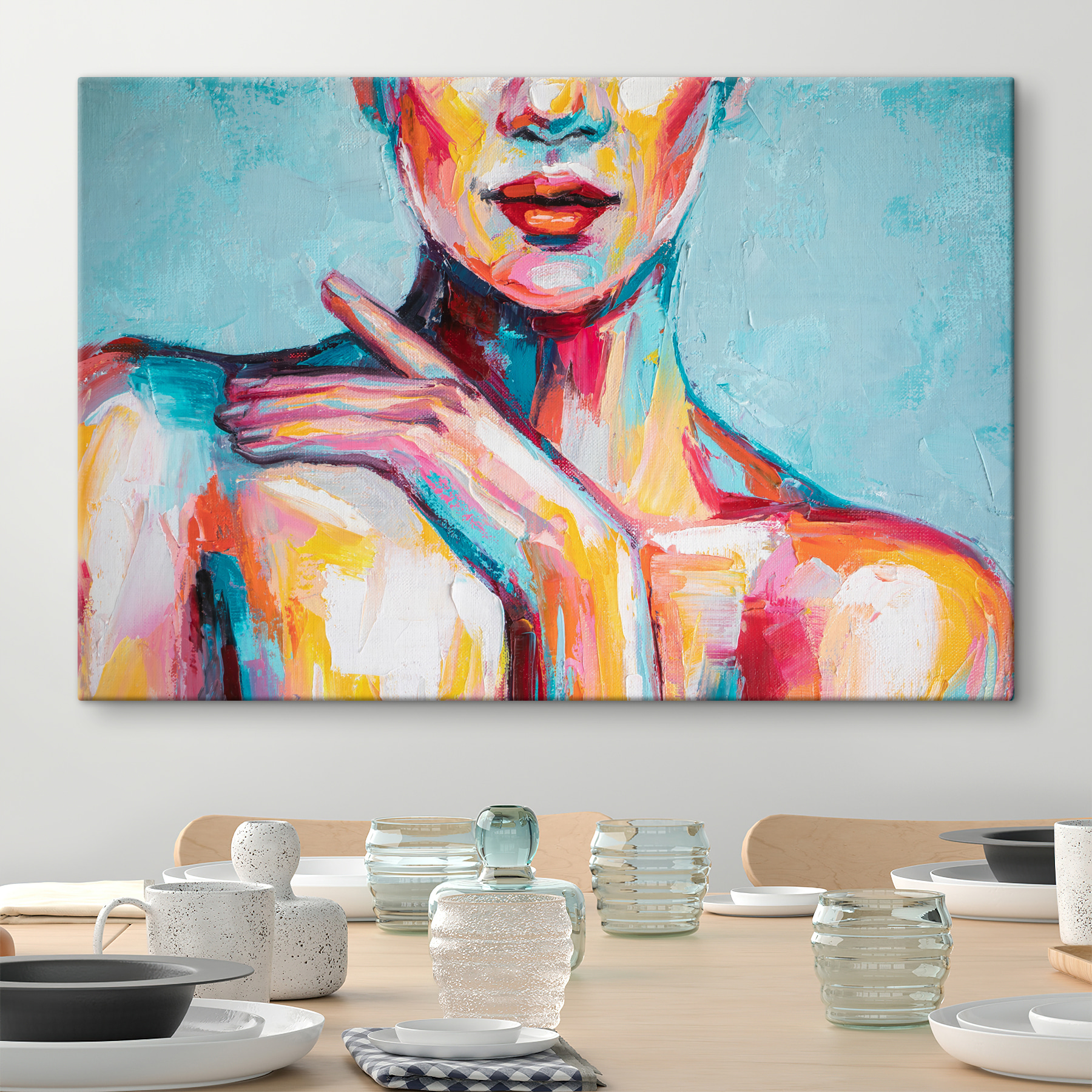 Painting of a woman with her hand on her shoulder Painting of a woman with her hand on her shoulder