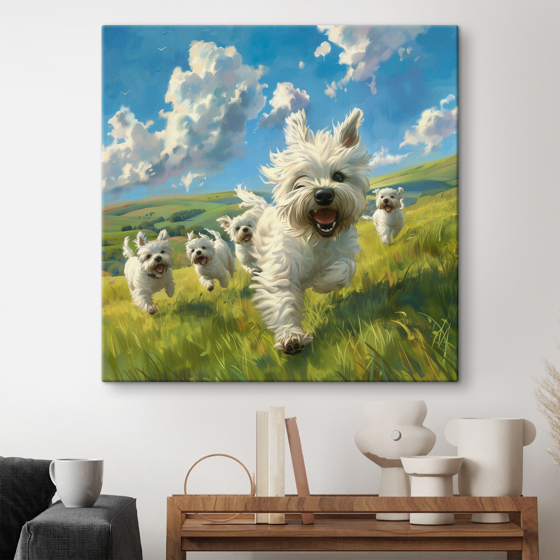 Group of white dogs running in a field