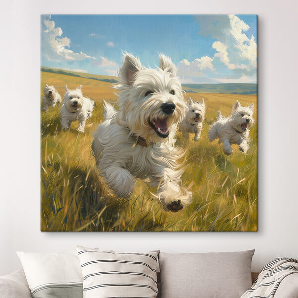 Quadri Un gruppo di cani bianchi che corrono in un campo (COD: s40358) Quadri Quadri Un gruppo di cani bianchi che corrono in un campo (COD: s40358)