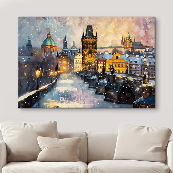 Quadri Quadri Ponte su un fiume con edifici e neve (COD: s40363)