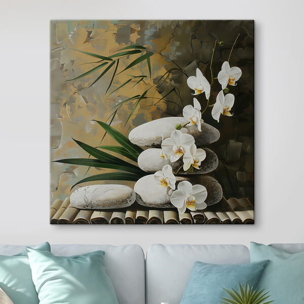 Quadri Dipinto raffigurante fiori bianchi e foglie verdi su una superficie di bambù (COD: s40369) Quadri Quadri Dipinto raffigurante fiori bianchi e foglie verdi su una superficie di bambù (COD: s40369)