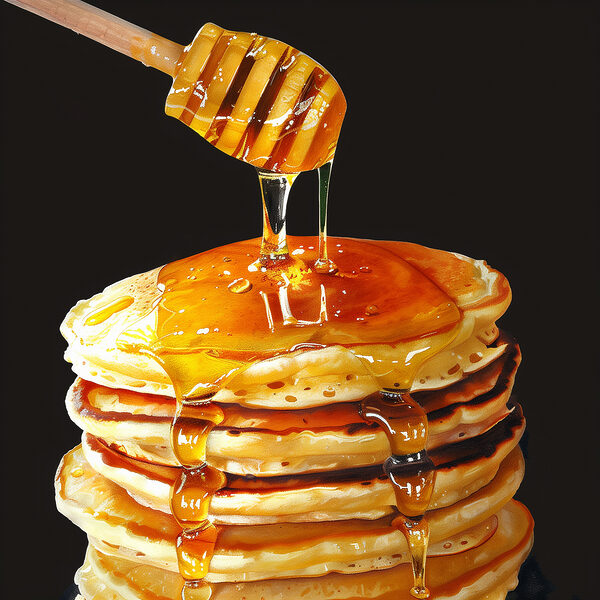 Stack of pancakes with honey dripping from a wooden stick Stack of pancakes with honey dripping from a wooden stick