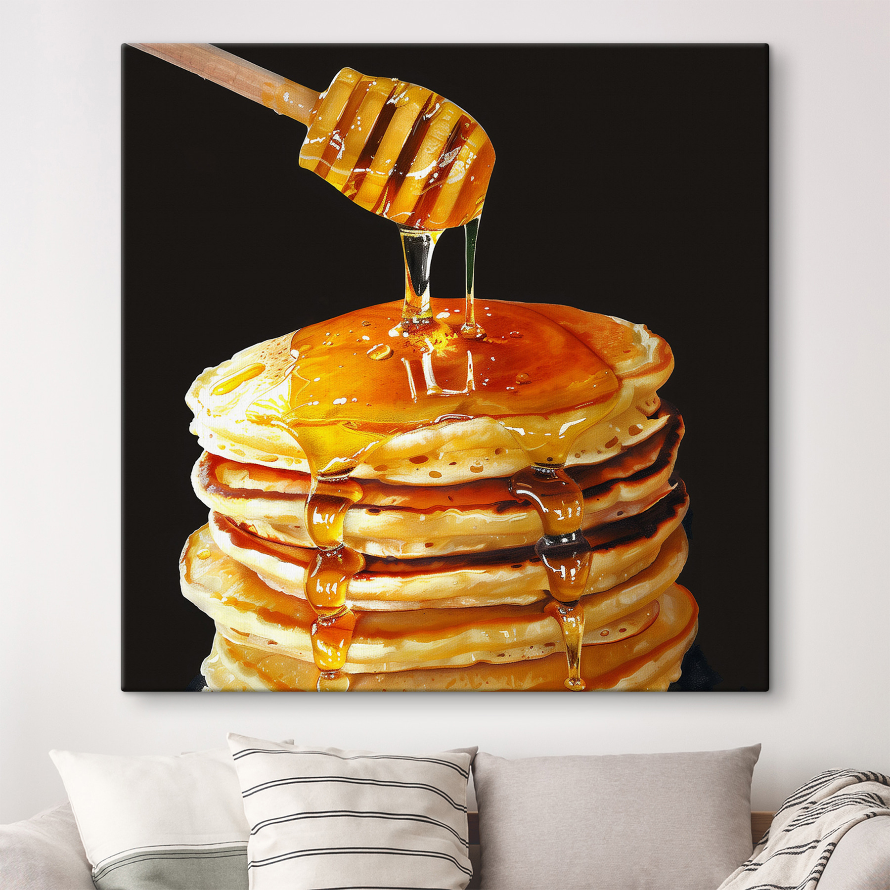 Stack of pancakes with honey dripping from a wooden stick Stack of pancakes with honey dripping from a wooden stick