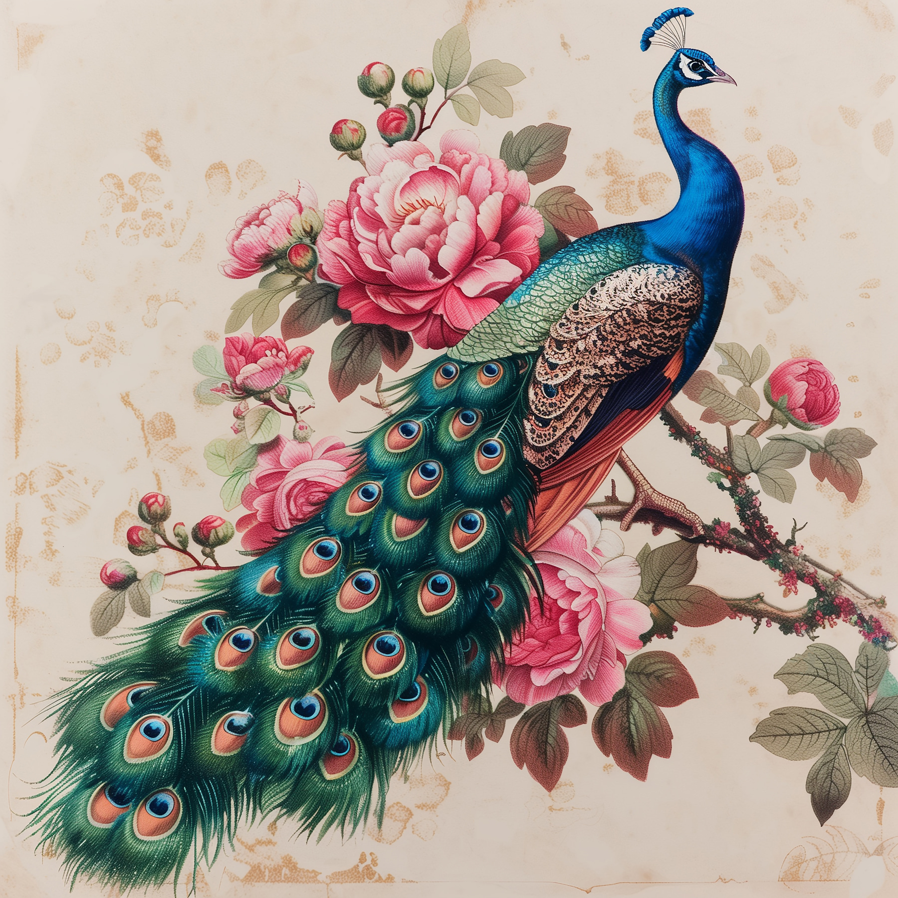 Peacock on a branch with flowers Peacock on a branch with flowers