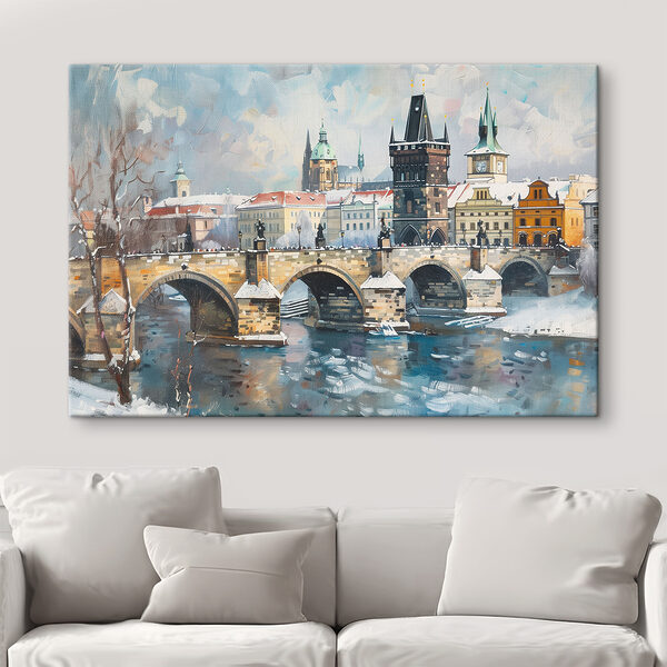 Quadri Quadri Ponte sull'acqua con edifici e neve (COD: s40378)