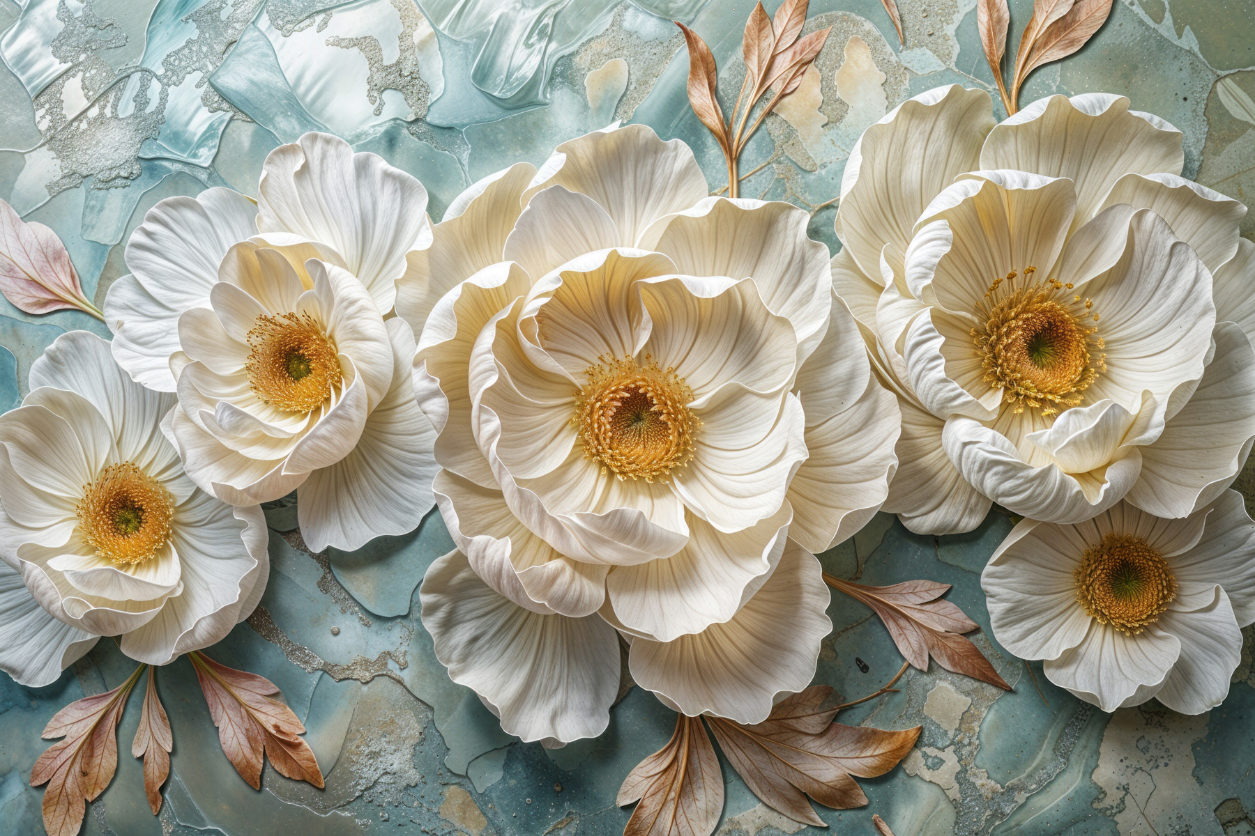 Group of white flowers with leaves on a blue surface