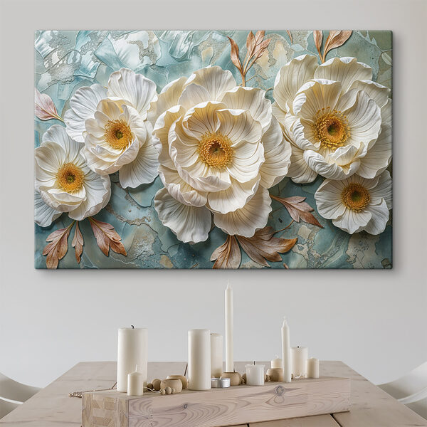 Quadri Quadri Mazzo di fiori bianchi con foglie su uno sfondo blu (COD: s40386)