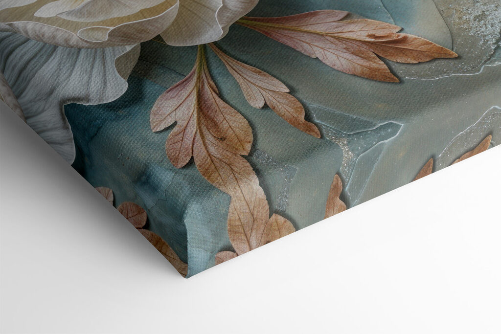 Group of white flowers with leaves on a blue surface