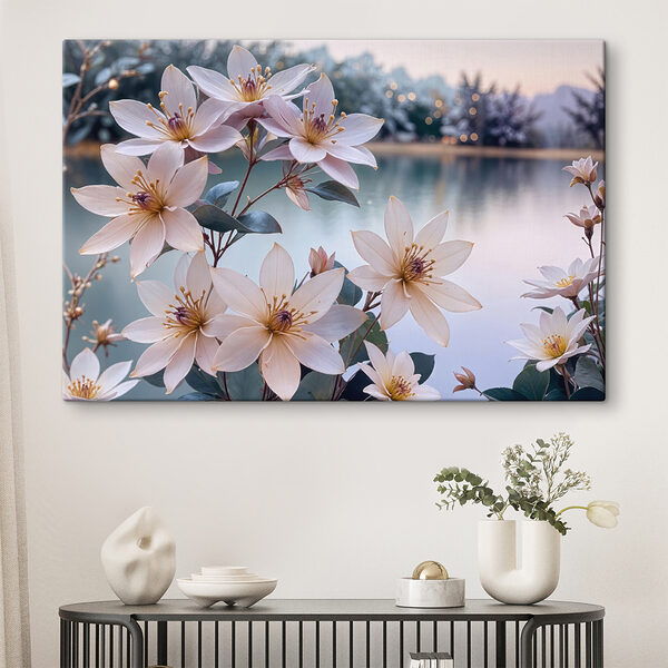 Quadri Un mazzo di fiori bianchi vicino a uno specchio d'acqua (COD: s40388) Quadri Quadri Un mazzo di fiori bianchi vicino a uno specchio d'acqua (COD: s40388)